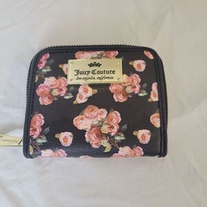 Juicy Couture PVC Floral Pink Black Women  Zip Around Clutch Wallet 4X4.5"